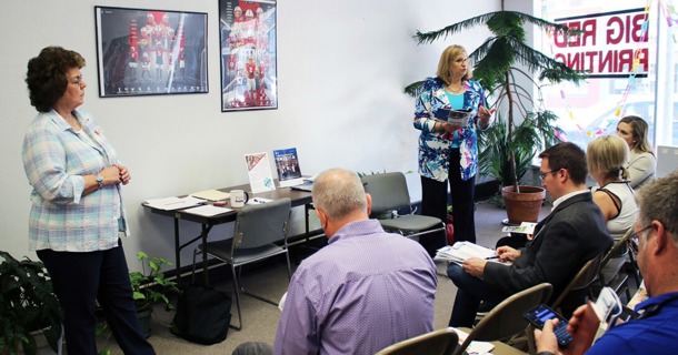 Cheryl Burkhart-Kriesel (left) and Marilyn Schlake give a presentation on community engagement and development at the annual Connecting Entrepreneurial Communities Conference in Columbus, Nebraska. (Russell Shaffer/Rural Prosperity Nebraska)